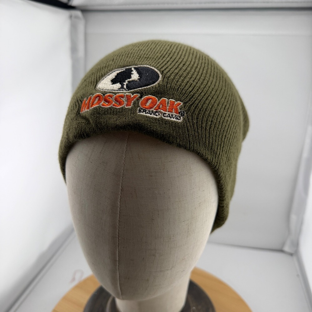 Mossy Oak Brand Camo Beanie Hat Olive Green Embroidered Logo Knit Cap Mens OSFM